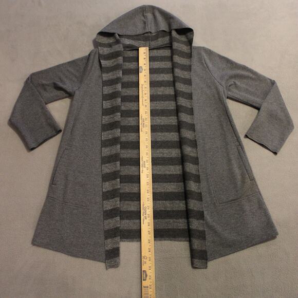 Gray Open Front Hooded Cardigan Sweater Jacket Long Sleeve Striped Lining Medium - Picture 3 of 6
